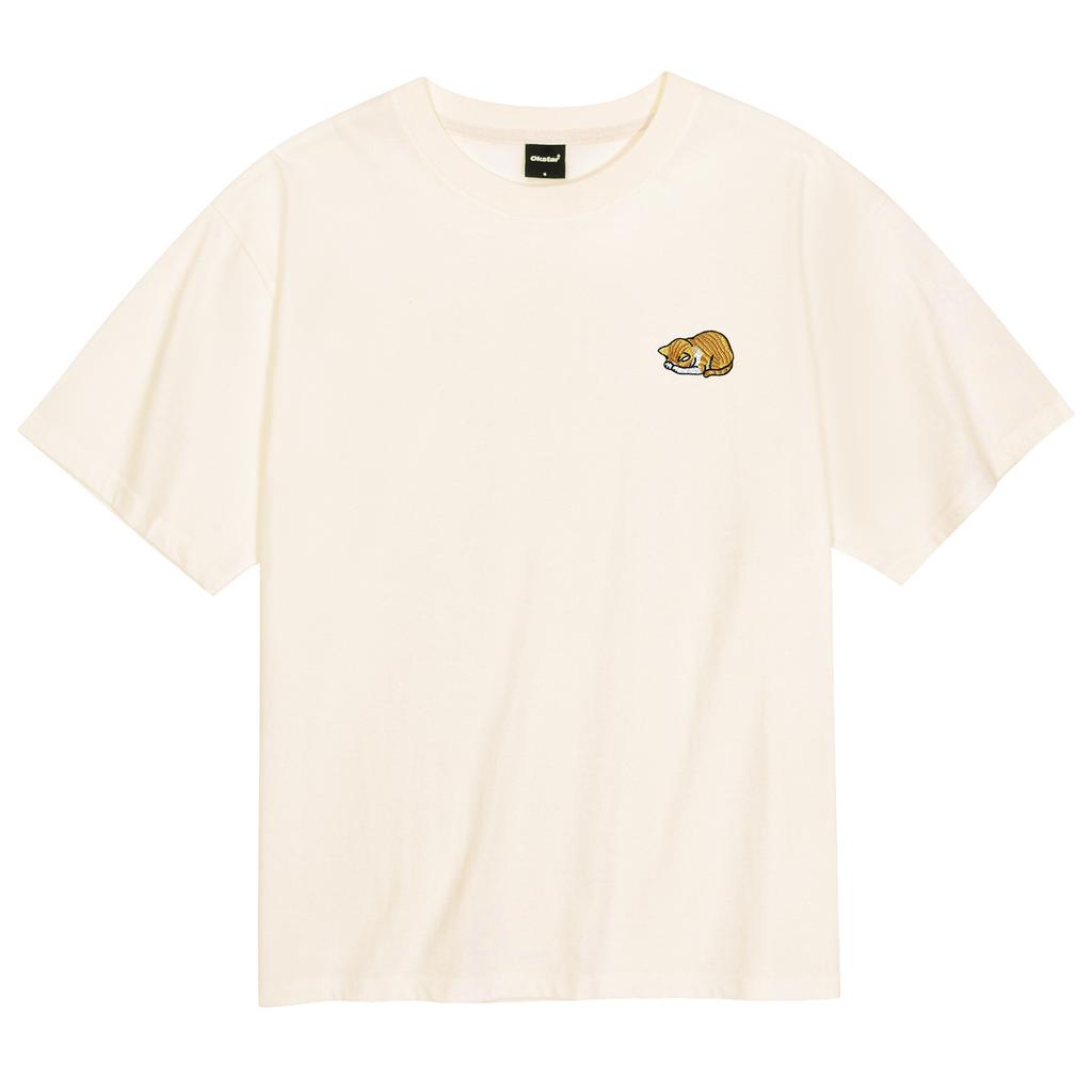 OKSTAR Cool Cotton Oversized Sleepy Cheese Cat Embroidered Short Sleeve Tee