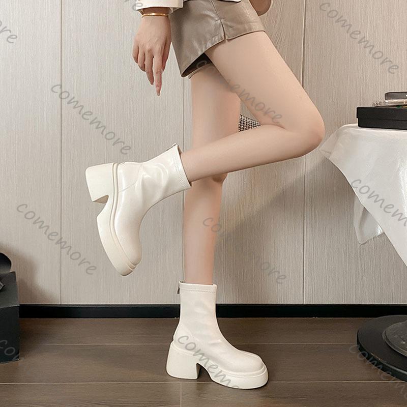 Comemore Spring Autumn New White Short Boots Thick Soled Round Head Botines Shoes for Women Chunky High Heels Ankle Boot