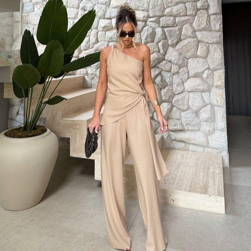 French-Style 2026 Summer Women's Outfit: Sleeveless Asymmetrical Tie-Up Tank Top and High-Waisted Long Pants Two-Piece Set