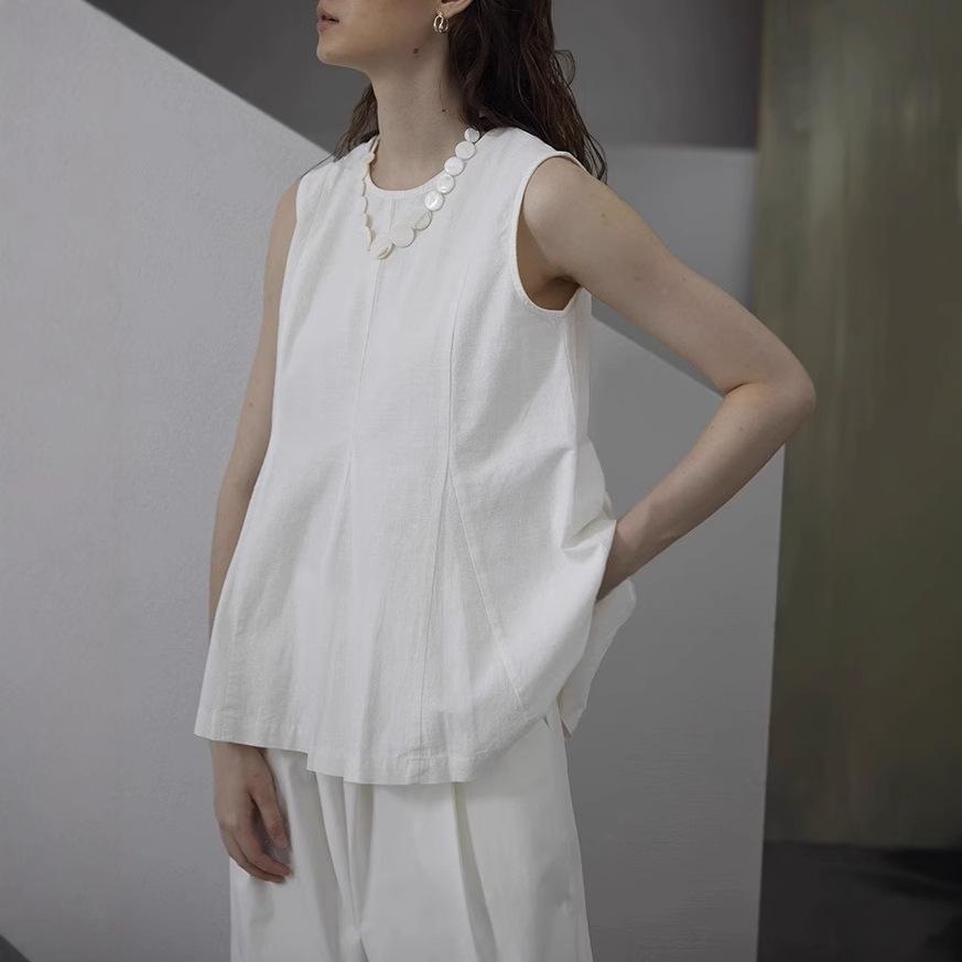 Minimal American French cotton and linen shirt summer new waist round neck sleeveless linen unique top