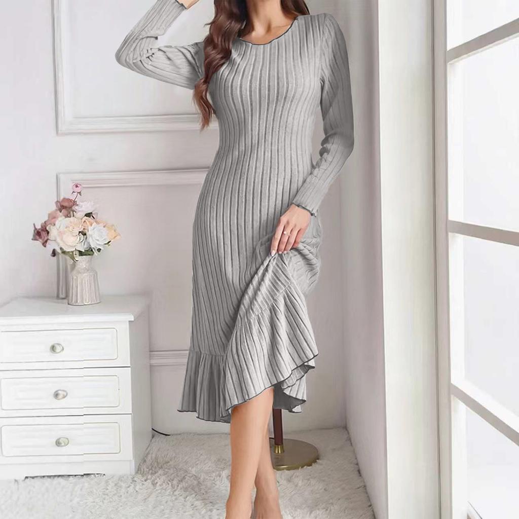 Women's Ribbed Knit Round Neck Long Sleeve Ruffled Hem Midi Dress Solid Color Casual Dress