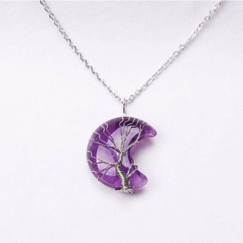 Crescent Pendant Necklace Moon Shape Crystal Necklaces for Women Men Natural Stone Collar Chain Choker Jewelry
