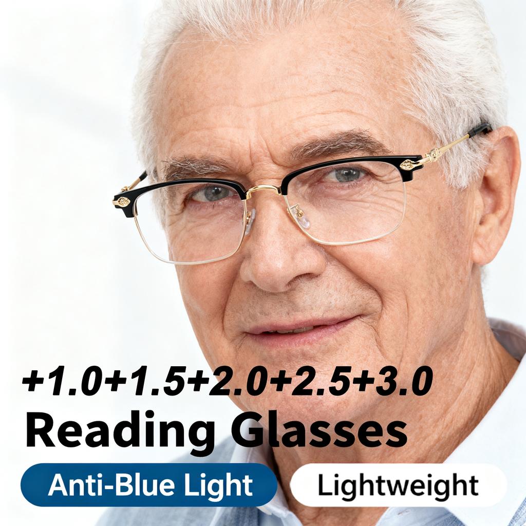 New Metal Half Frame Reading Glasses Anti-Blue Light Square HD Vision for Elderly Business Men Women Fashion Presbyopic Eyewear