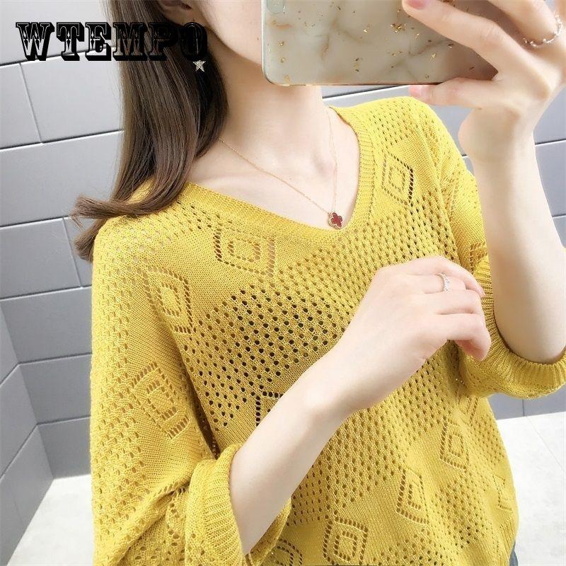 Women's V-neck Hollow Knitted Sweater Loose Bat Sleeve Ladies Top Short Thin Knit Pullovers for Women