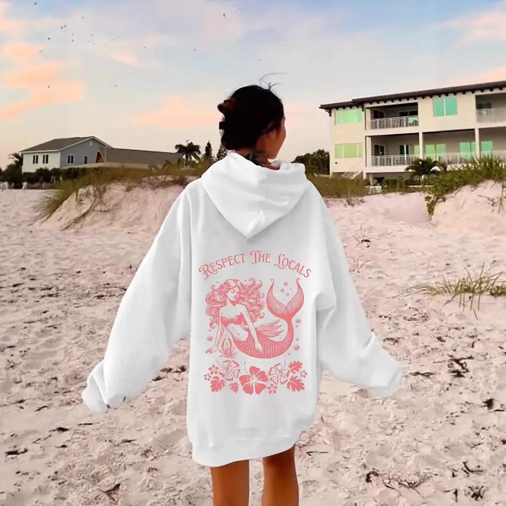 Ladies Spring Autumn Casual Hooded Long Sleeve RESPECT THE LOCALS Letter Printed Pullover Hoodies Sweatshirt Top