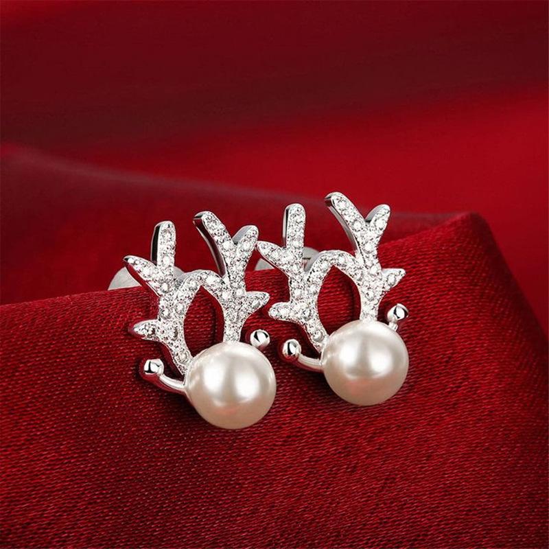Elk Antlers, Christmas Stud Earrings, Sweet And Delicate Princess Holiday Jewelry, Imitation Pearl Zircon Jewelry.