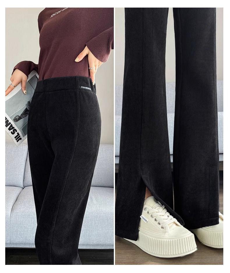 Women's Fleece-Lined Chenille Corduroy Flare Pants with Slits, Autumn/Winter 2024 Style