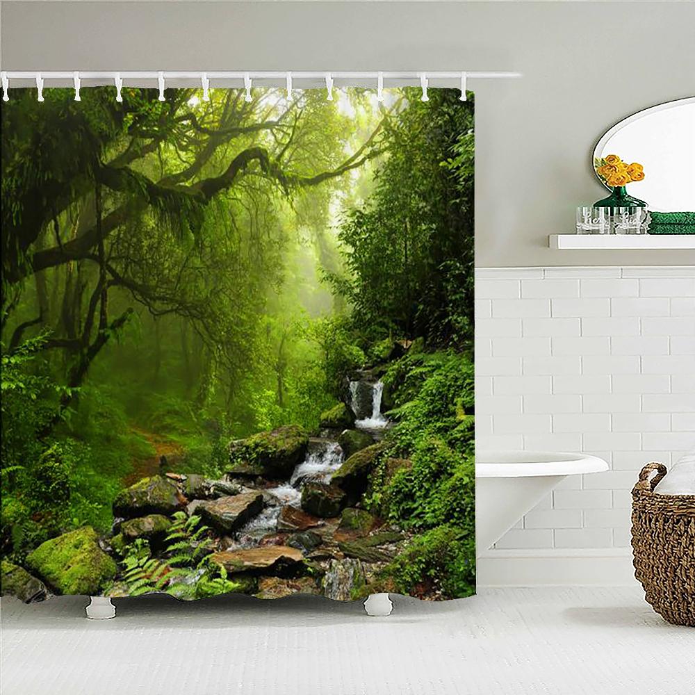 3d Printed Natural Forest Landscape Shower Curtain Waterproof Fabric Waterfall Bathroom Curtains Wall Decoration Large 300x180