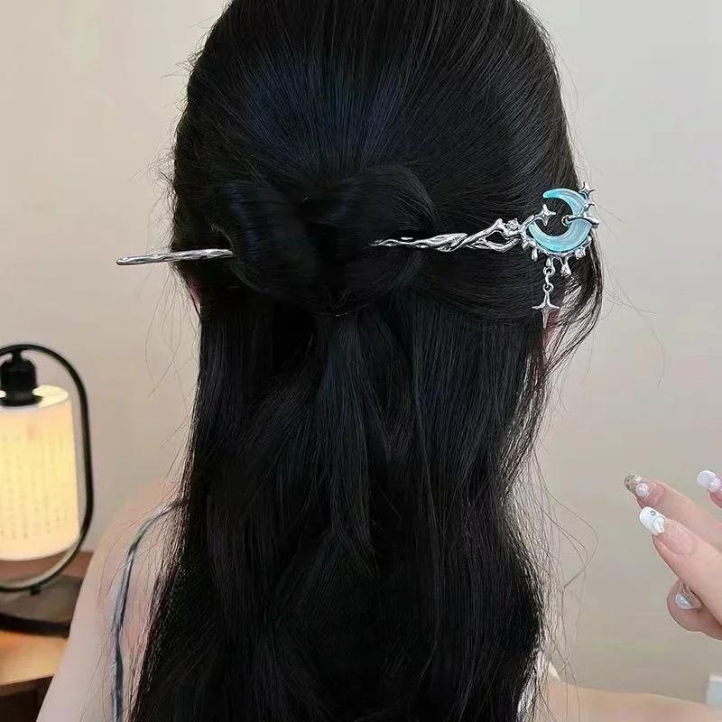Bastoncini per capelli vintage con stella e pietra di luna, per donne, stile cinese, con nappe a croce, bacchette per capelli, accessori per capelli