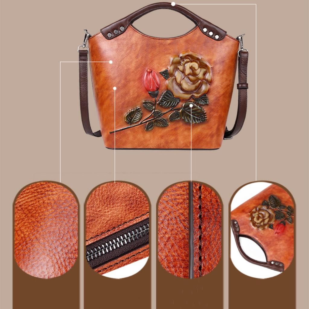 First layer cowhide Tote Large capacity rose bag vintage Tote bag