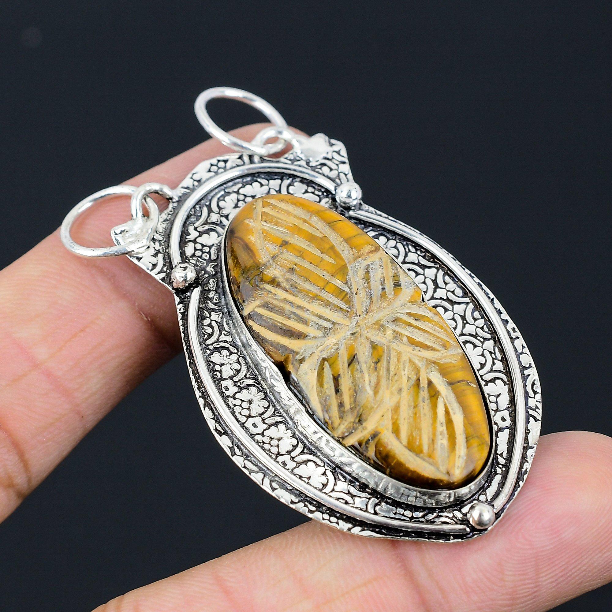 Anniversary Gift For Her Natural Carved Tiger Eye Pendant Flower 925 Silver