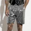 Shorts casuais masculinos, cintura média, elástico, comprimento até o joelho, com bolsos, lantejoulas brilhantes, ajuste solto