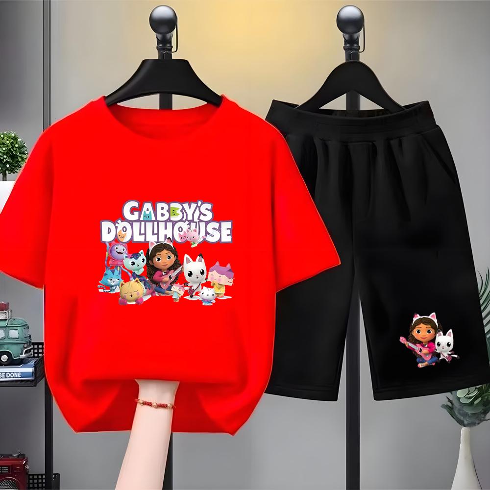 Children Summer Clothing Tshirt+Shorts Gabbys Dollhouse Print Boy Girl Toddler 3-12Yrs Short-Sleeved cool leisure Set