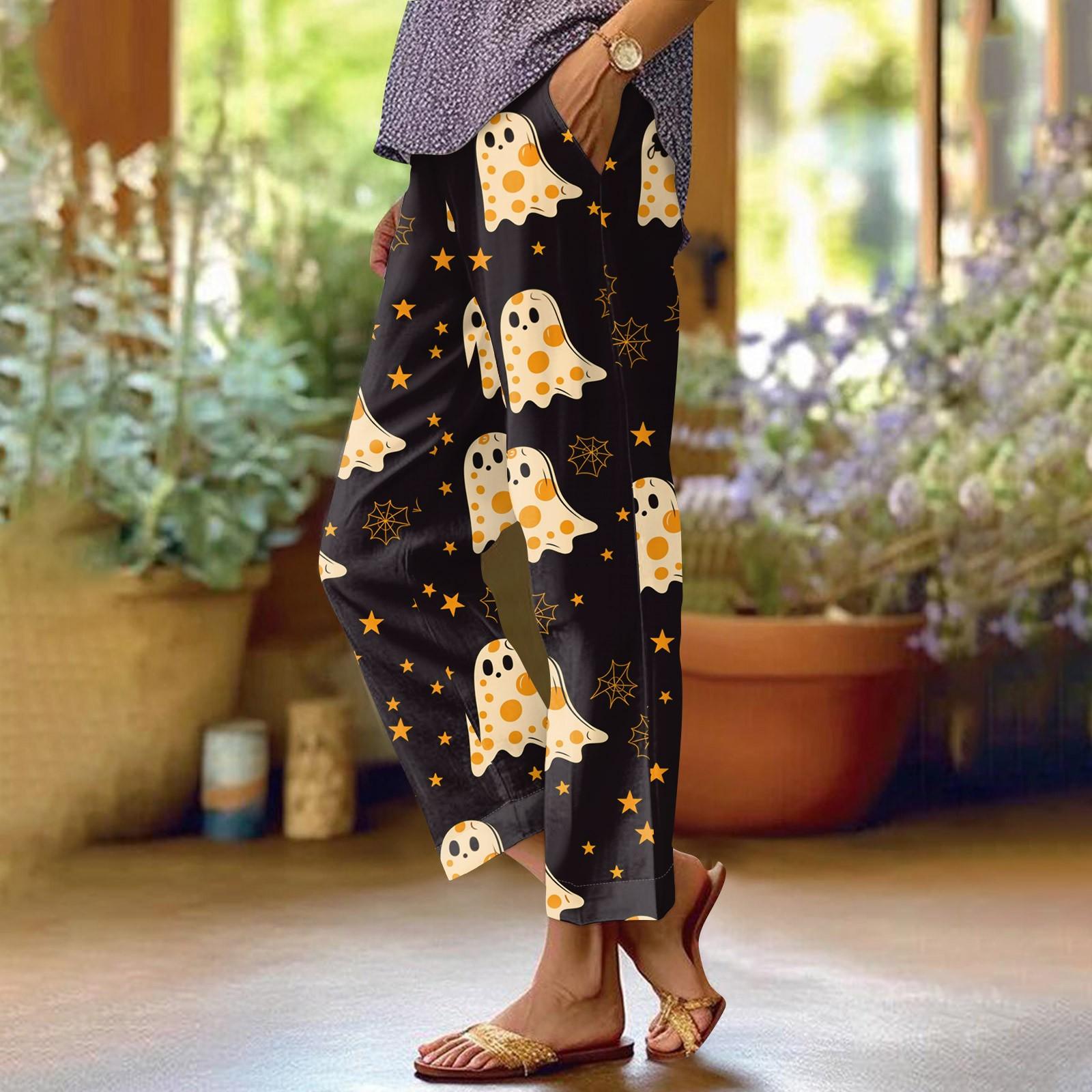 

Женская мода Хэллоуин принтованный карман эластичный пояс повседневные брюки повседневные свободные брюки XXXXXL жёлтый