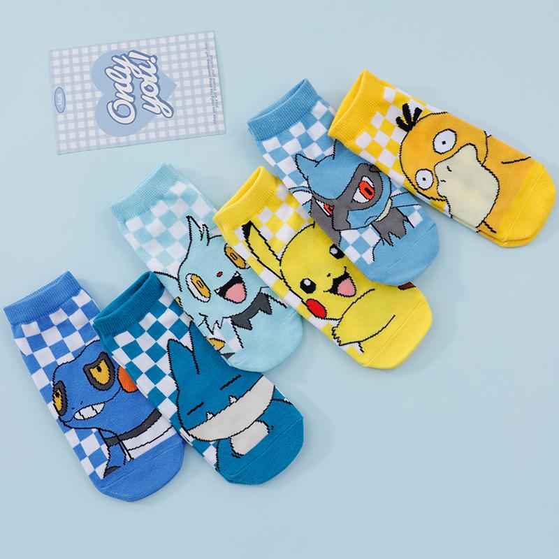 6 Pairs of Random Set New Japanese Cartoon Pocket Monster Pattern Men's Boat Socks Comfortable and Casual Couple Short Socks