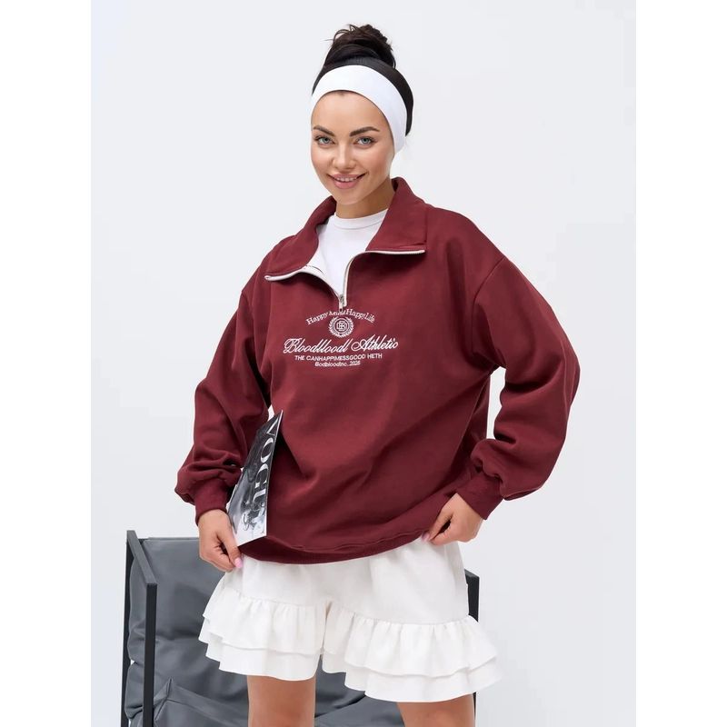 

Loose Long Sleeve Top European and American New Fashion Casual Loose Print Long sleeve Half Zipper Hoodie Wine Red (thin/thin) S