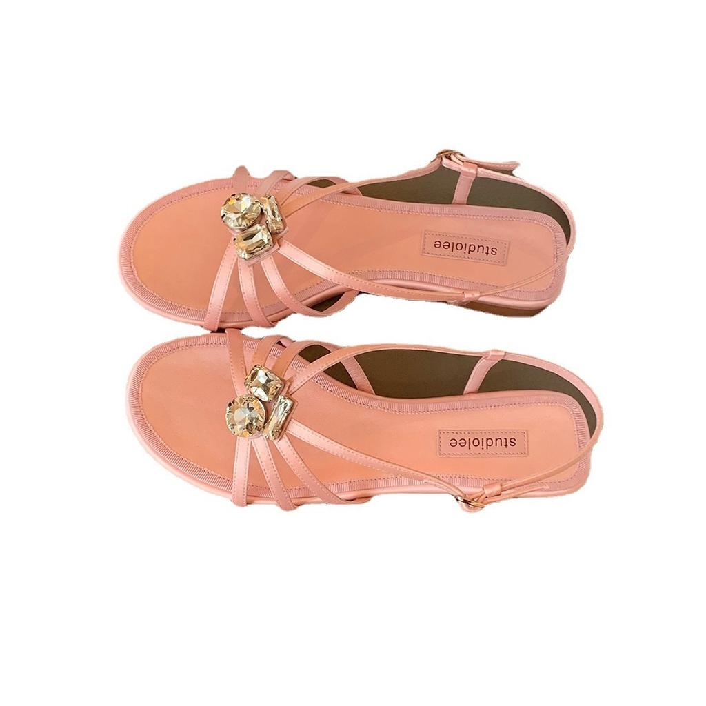 Grape Mother, the Same 2025 Summer New Fashion French Elegant Rhinestone Thin Strap Open-toed Flat Sandals Women's Leather