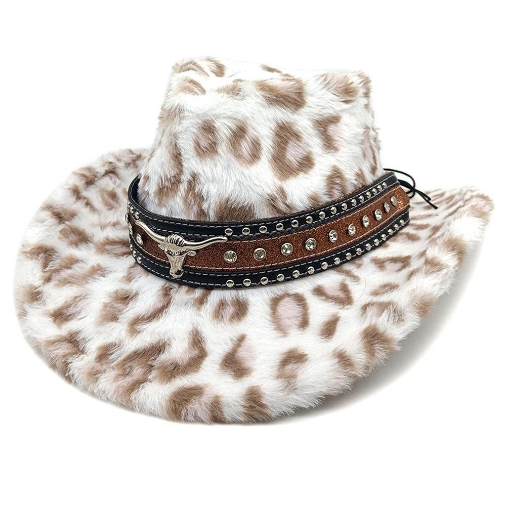 Rivet Detail Western Cowboy Hat Leopard Print Wide Brim Cowboy Cap Autumn Winter Wear