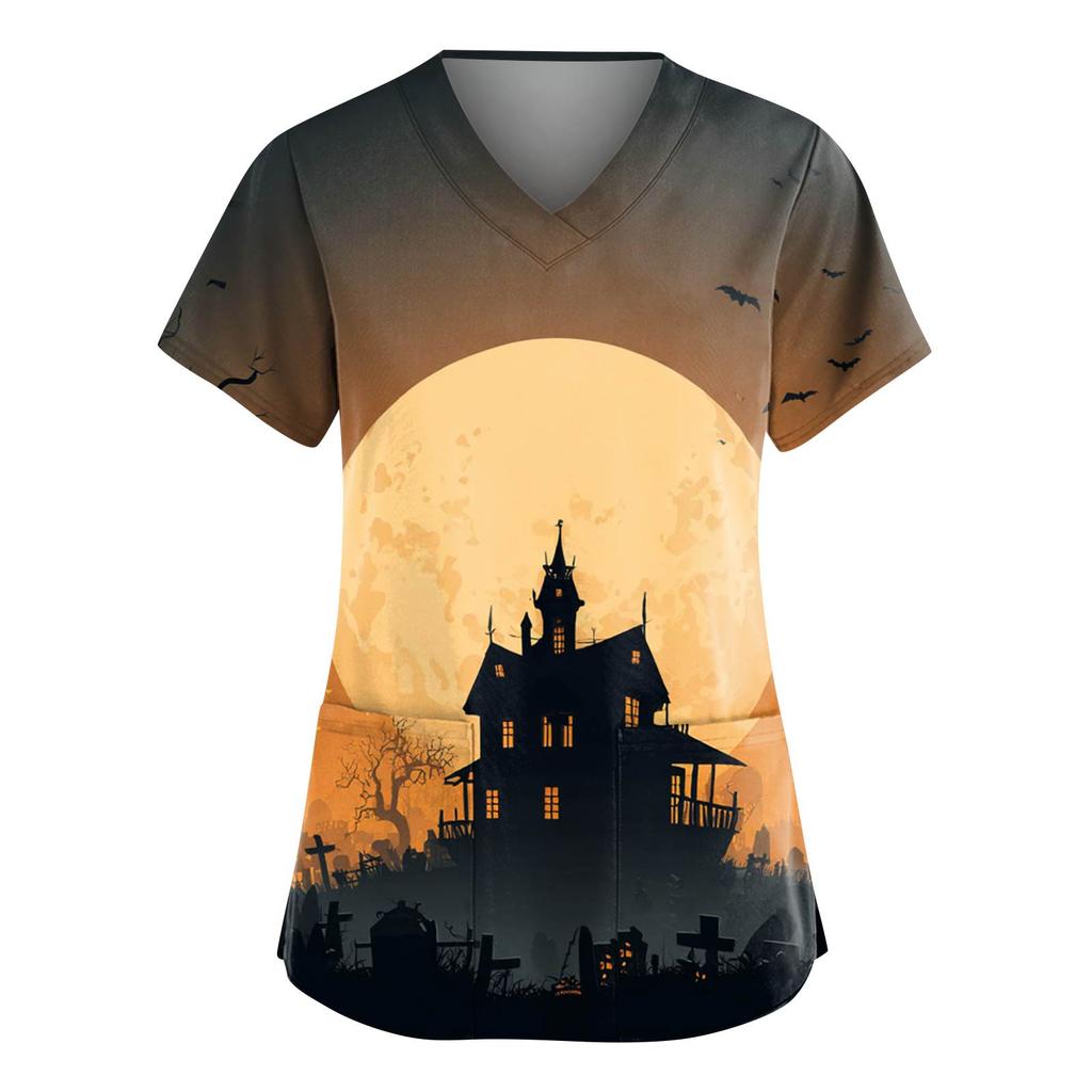 Dámská móda Overaly s krátkým rukávem a výstřihem do V s kapsami Halloweenské potištěné topy Oblečení