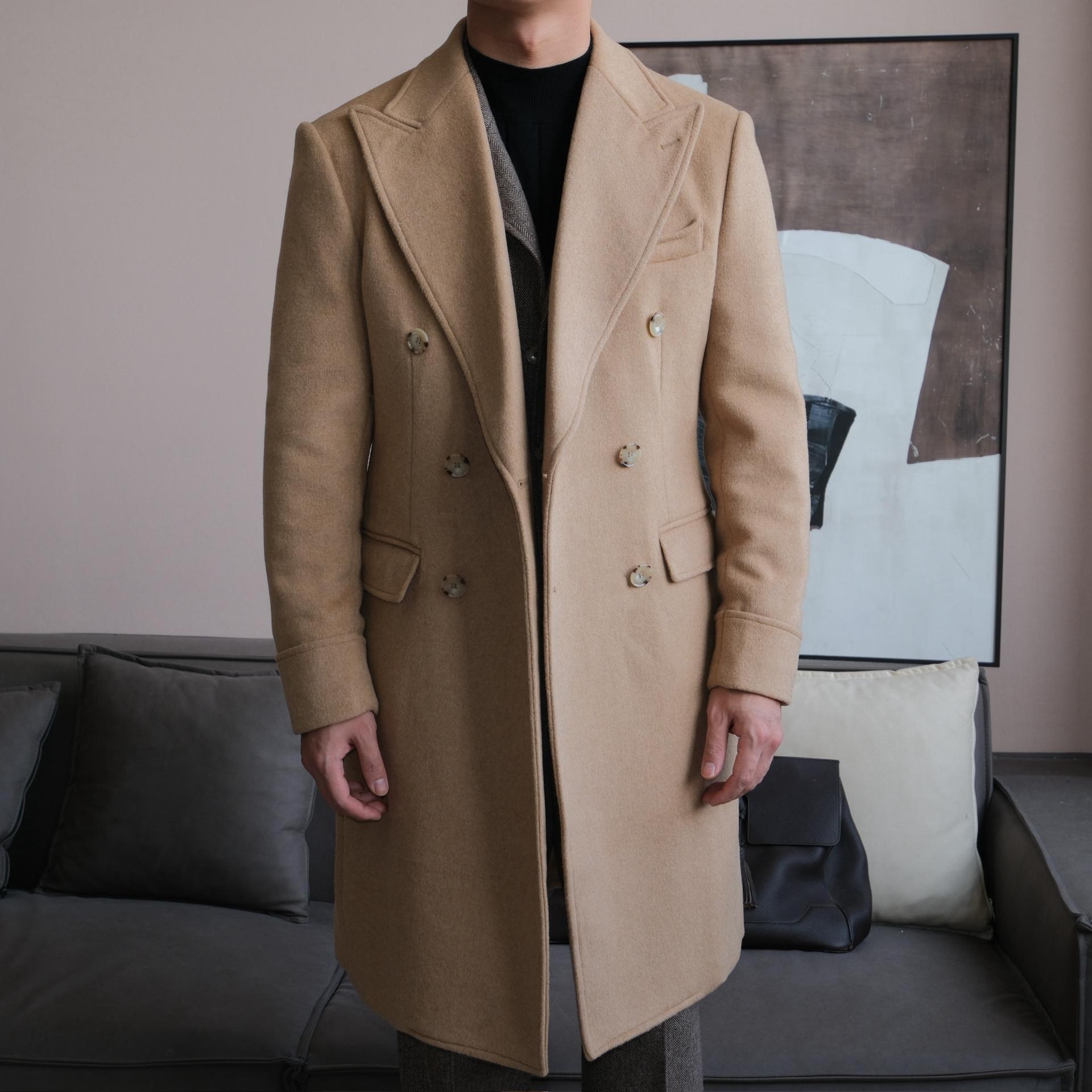 Шерстяной твидовый пальто-честер Ruishen: Мужская зимняя верхняя одежда средней длины, двубортная, с заостренными лацканами 3XL верблюд