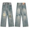 Mens Distressed Straight Fit Denim Jeans With Embroidery Mid-Rise Water Washed Cotton Blend Streetwear Casual Pants
