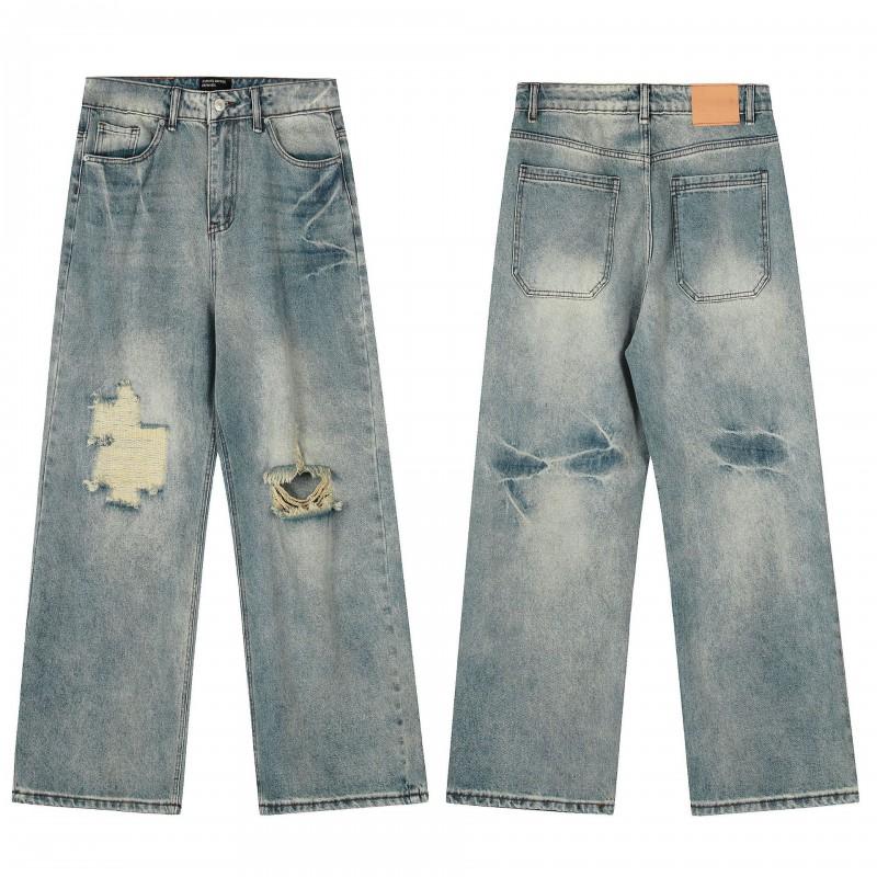 Mens Distressed Straight Fit Denim Jeans With Embroidery Mid-Rise Water Washed Cotton Blend Streetwear Casual Pants