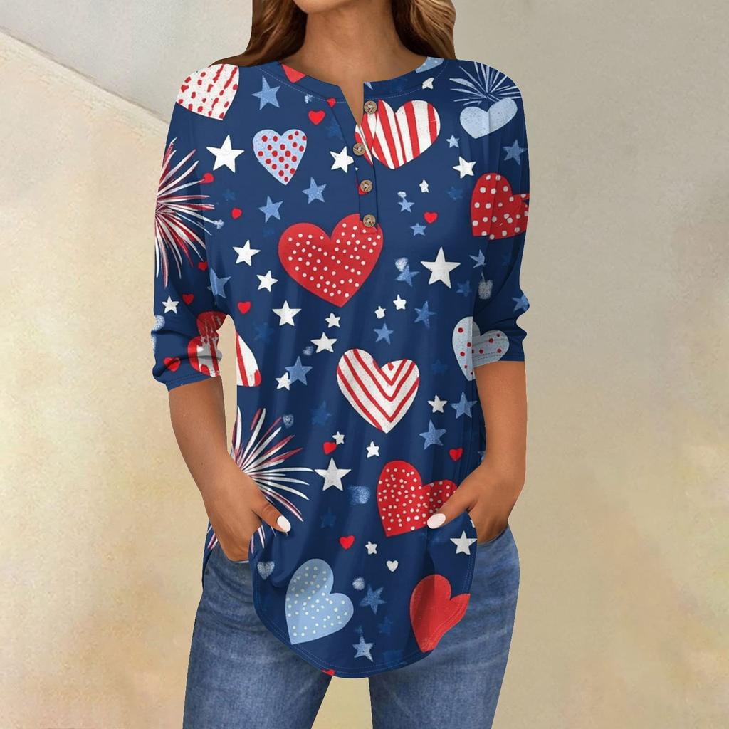 Tee Shirts For Women Fall Casual 3/4 Long Sleeve Button Shirts Sweatshirt Vintage Top Pullover