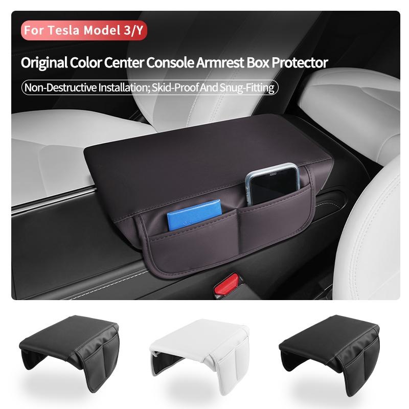 For Tesla Model 3 Highland / Model Y Juniper Leather Car Center Console Armrest Box Pad Protection Cushion With Storage Function