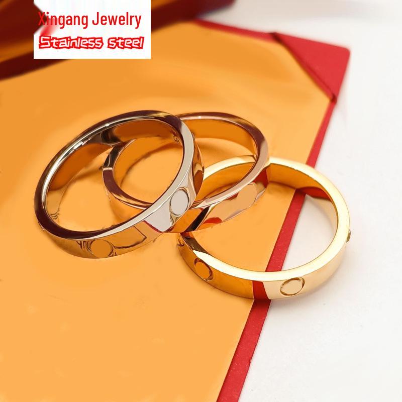 2024 Rhinestone Titanium Steel Couple Rings - Women's Non-Fading Plain Band, 18K Rose Gold