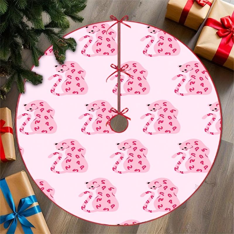 2D Flat, 1pc Christmas Tree Skirt with a Light Pink Base Featuring a Pattern of Pink Animal Figures with Decorative Patterns. Made with 2D Flat Printi