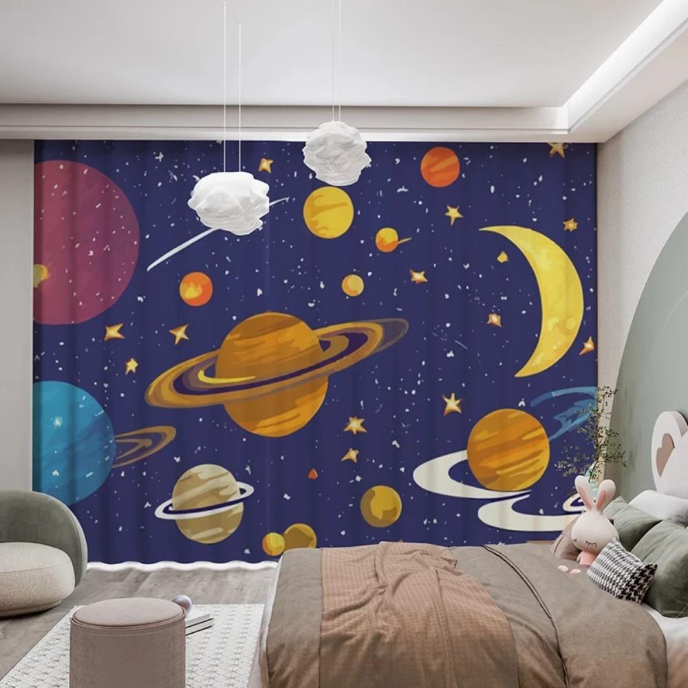 2Pcs Modern Simple Cartoon Cute Animals Bear Rabbit Star Ocean Star Boy Children's Room Decor Semi Blackout Curtain Grommet Top