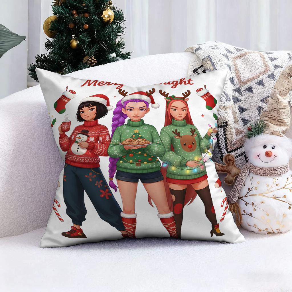 KPop Demon Hunters Christmas is cute and fun!Three girls and cute cats in the same frame pillowcase fashion home decoration