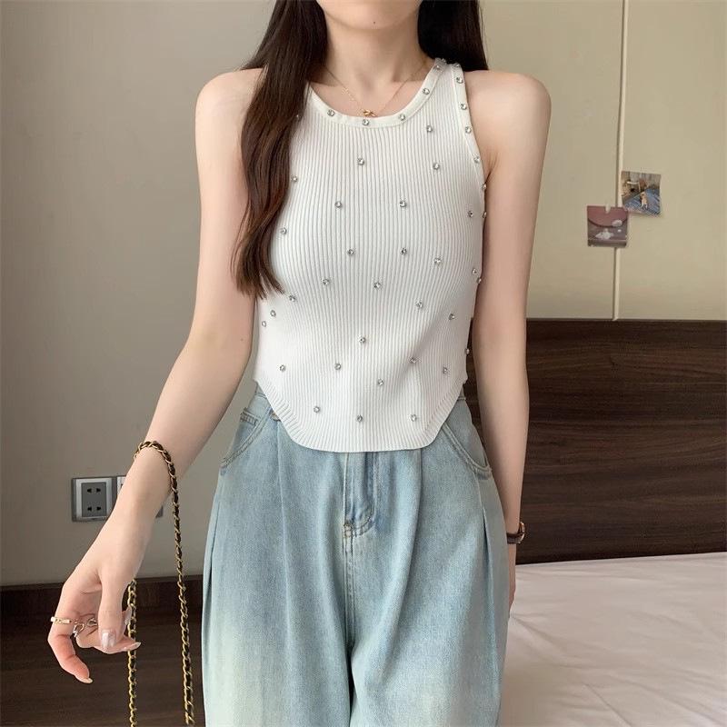 Beaded Fashion Camisole - Women's Knit Slim Fit Sleeveless Summer Top