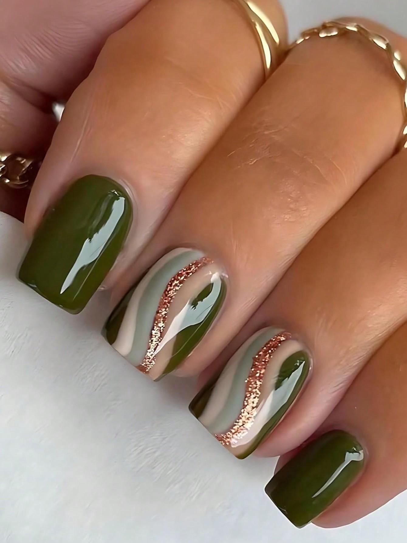 

24 Pieces Of Coffin Army Green Flash Ripple Line Short Fake Nails +1 Piece Of Jelly Glue +1 Piece Of Rub For Women United States