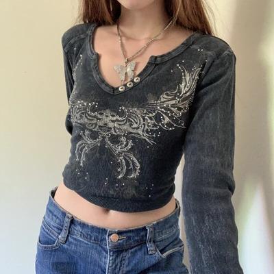 2KWEIRD Y2k Tündér Grunge Gyémánt Grafikai Nyomtatás Crop Top Hosszú Ujjú Vékony Fazonú Pulóverek Pólók Női Vintage Fehér Crop Top Ruházat