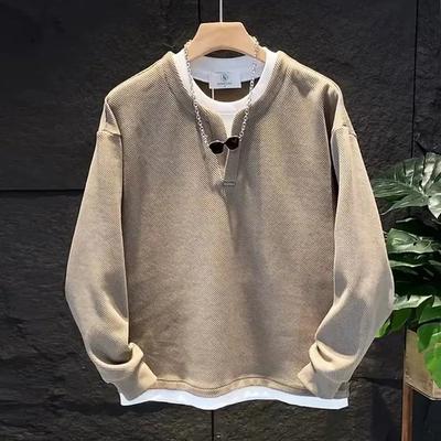 Solid Color Labeling Waffle Round Neck Pullover Loose Version Casual Sweater Men's Long-sleeved Top