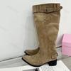 Women's High Boots Retro Design Pleated Pointed Toe Buckle Strap Mid-Calf Boots Fashion Versatile Chunky Heels Shoes Botas Mujer