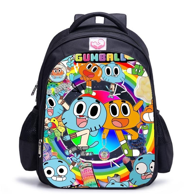 Zaino Scuola per Bambini, Testa Grande Gatto Blu Forrest Gump Scuola di Animazione, Tessuto Oxford Nero Resistente allo Sporco Grande Capacità.