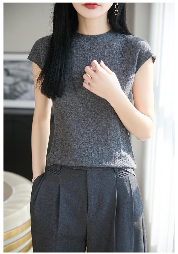 Women's Slim Fit Knit Round Neck Vest – 60 Count Fine Spun Wool Blend, Short Sleeve, Lightweight Summer Layer