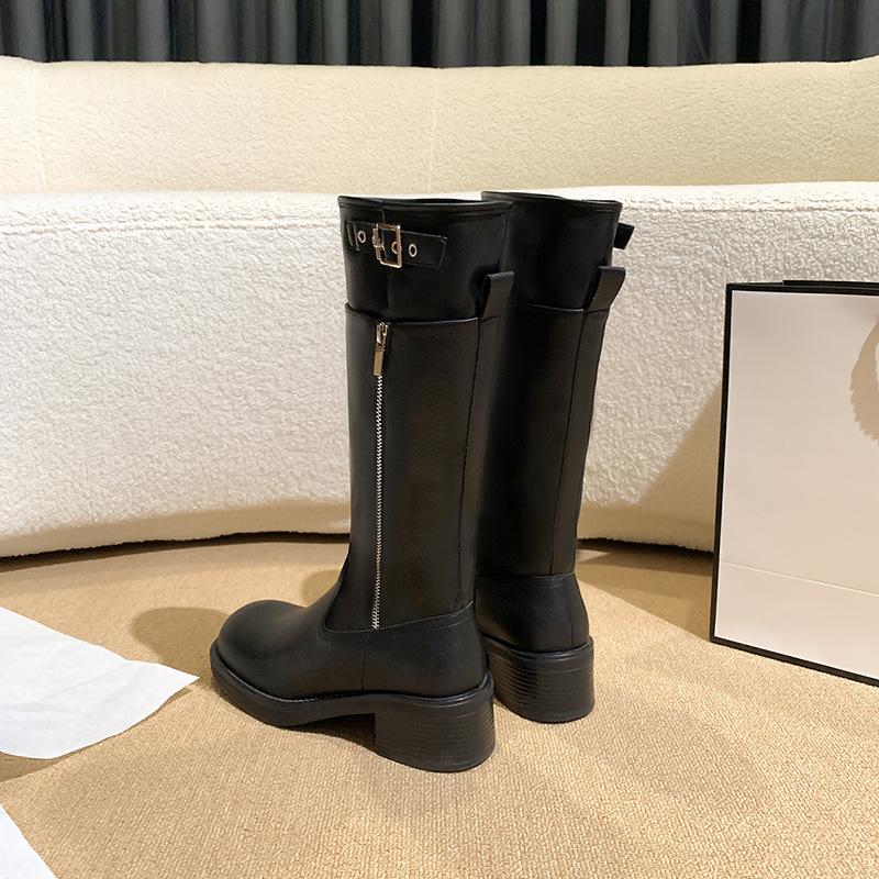 

Ретро-ботфорты ниже колена, женские, с пряжкой на ремне, 4 года, новые, на толстом каблуке, длинные байкерские ботинки, женские, увеличивающие рост, длинные ботинки для женщин 42