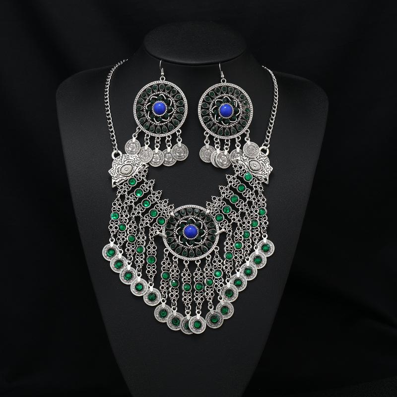 Vintage crystal coin collarbone chain necklace female personality exaggerated bohemian fringed temperament earrings set