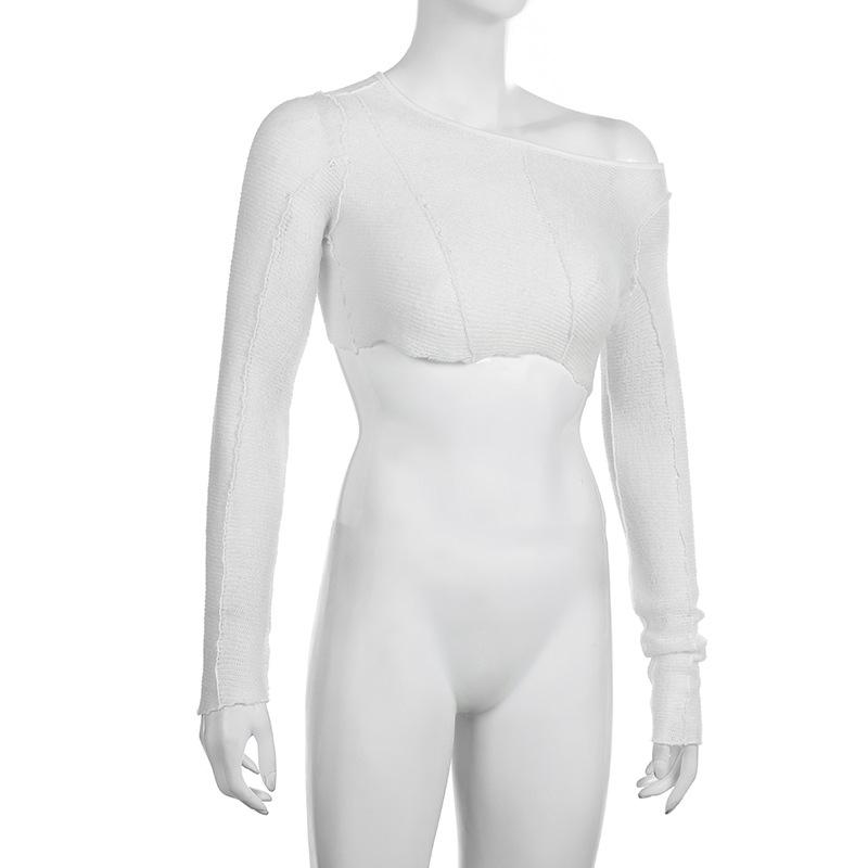 WTEMPO Brand Pure Desire Style Perspective Mesh Oblique Neck Long Sleeve Women's T-Shirt Sexy Short Loose Slim Blouse Splice Pullover Tops