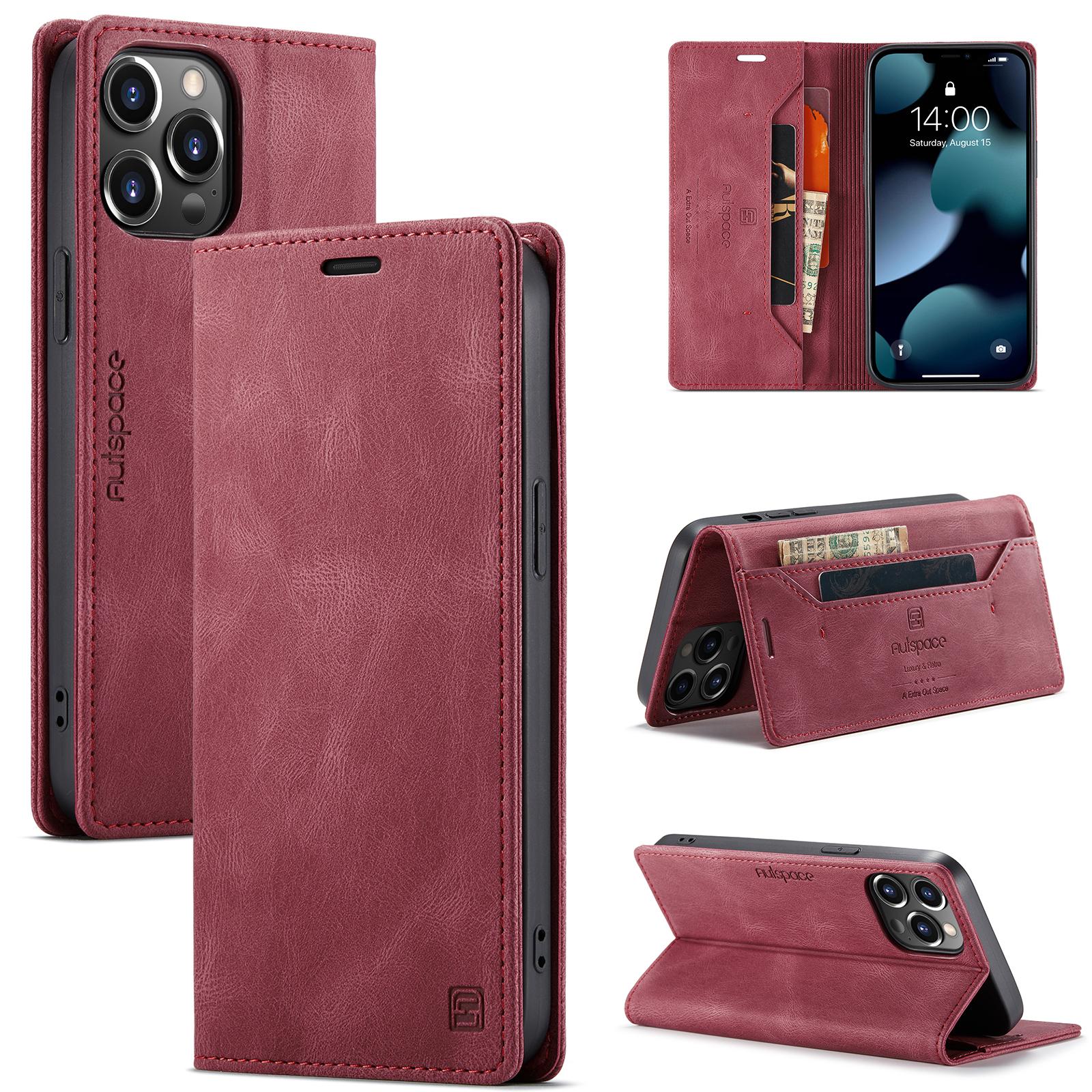 

AutSpace-A01 Leather Case for iPhone 14 Pro Max Wallet Card Slots Cover Magnetic Flip New вина червоного кольору