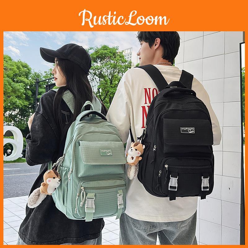 Color Solid Simple Checkered Texture Student Backpack With Plush Pendant