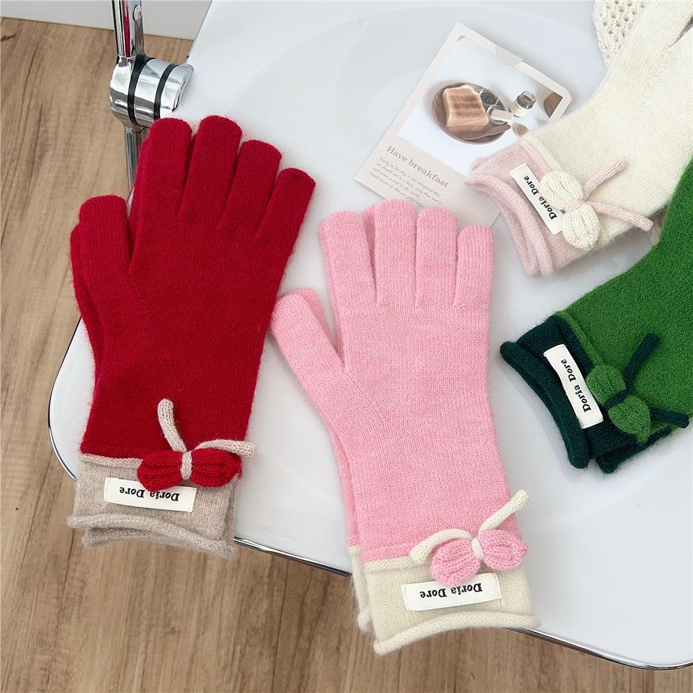 Bow Gloves for Women In Winter Korean Style Versatile Student Cute Five Finger Wool Knitted Couple Men Warm Riding