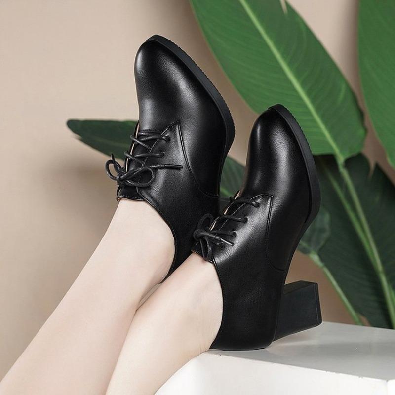 Fashion Versatile High Heels Women's Single Shoes Autumn New Temperament Round Head Lace-up Deep Mouth Waterproof Table Women's Shoes