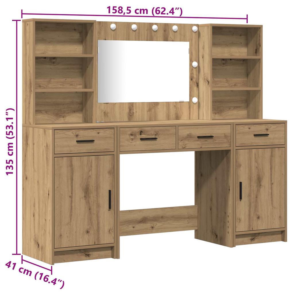 Makeup Table Set with LED 3 pcs Artisan Oak Wood Based Material