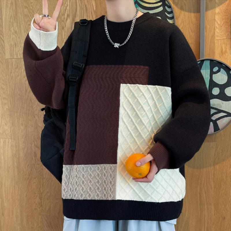 Spring and Autumn Men's New Contrast Color Loose Casual Crewneck Knitted Sweater