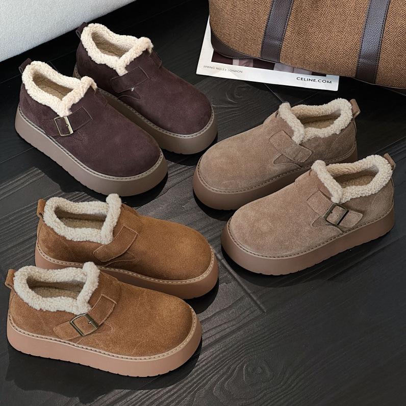 Leather retro women's autumn and winter models, leather velvet thickened warm fluffy shoes, platform casual cotton shoes
