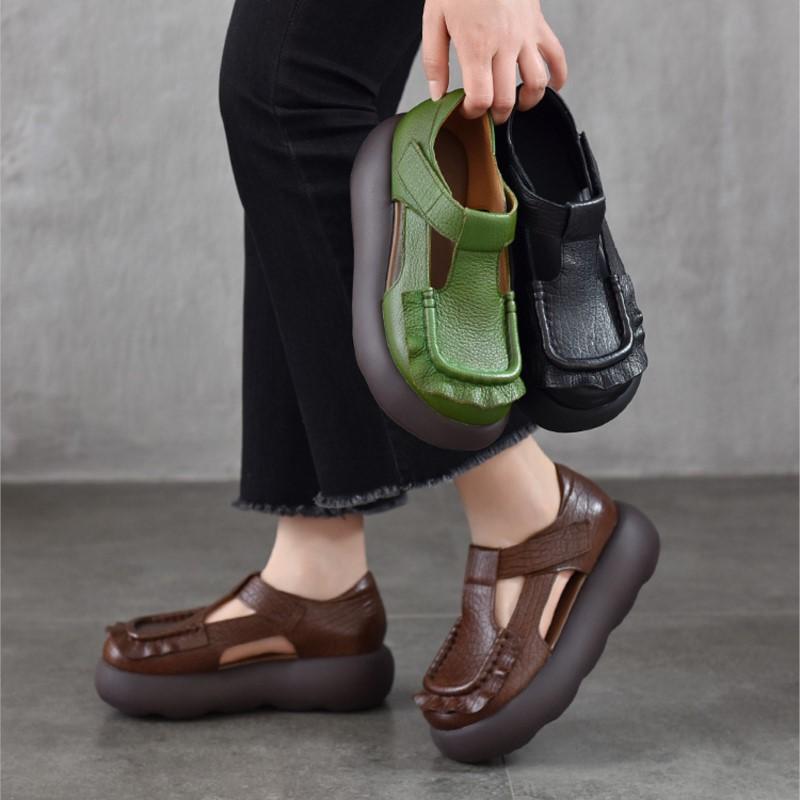 Johnature Retro Genuine Leather Roman Sandals Comfortable And Versatile Round Toe Thick Soled Women's Shoes